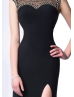 Beaded Black Jersey High Slit Backless Evening Dress